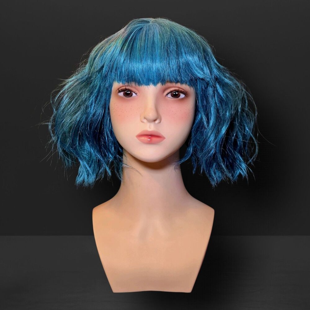 Custom Styled Short Wavy Blue Bob Wig with Bangs Alt Cosplay Alt